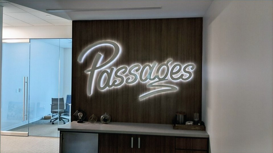 Halo-lit Passages script sign by Brown Graphics
